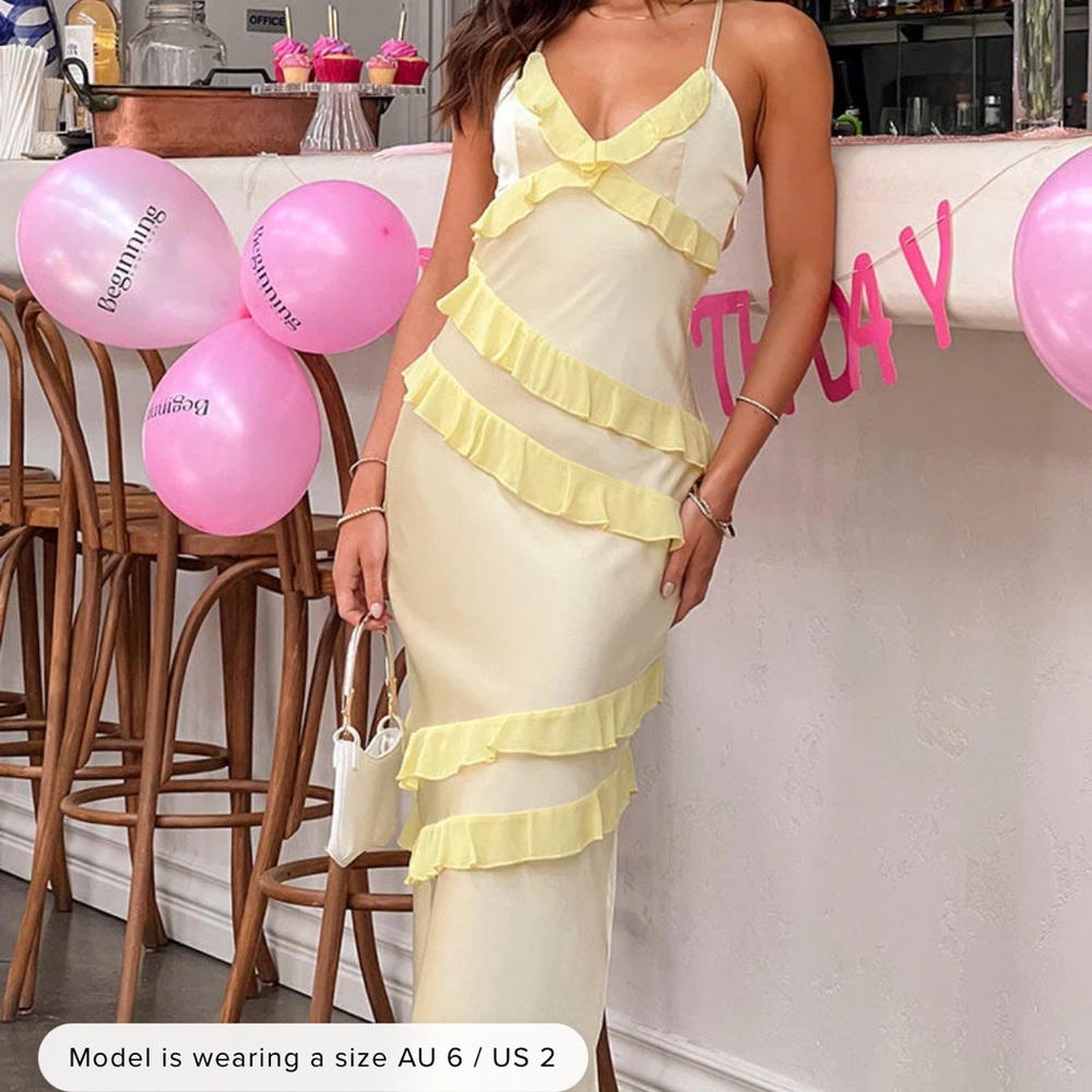 Beginning Boutique Pale Yellow Ruffle-Trim Maxi Dress